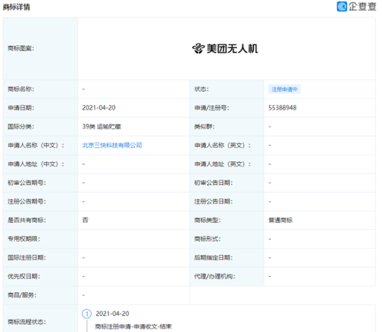 北京三快科技有限公司申请注册“美团无人机”商标
